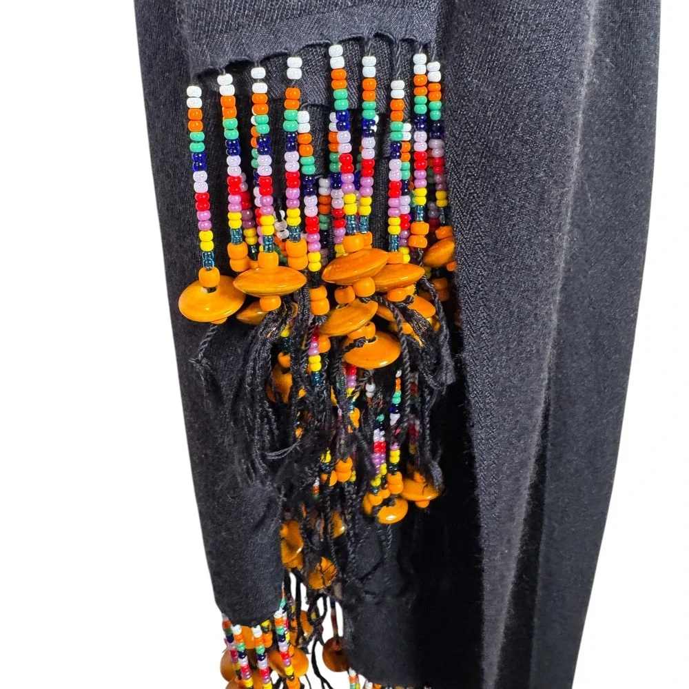 Black Scarf with Colorful Beaded Fringe Boho Bohemian Women's Shawl Wrap 78 x 36